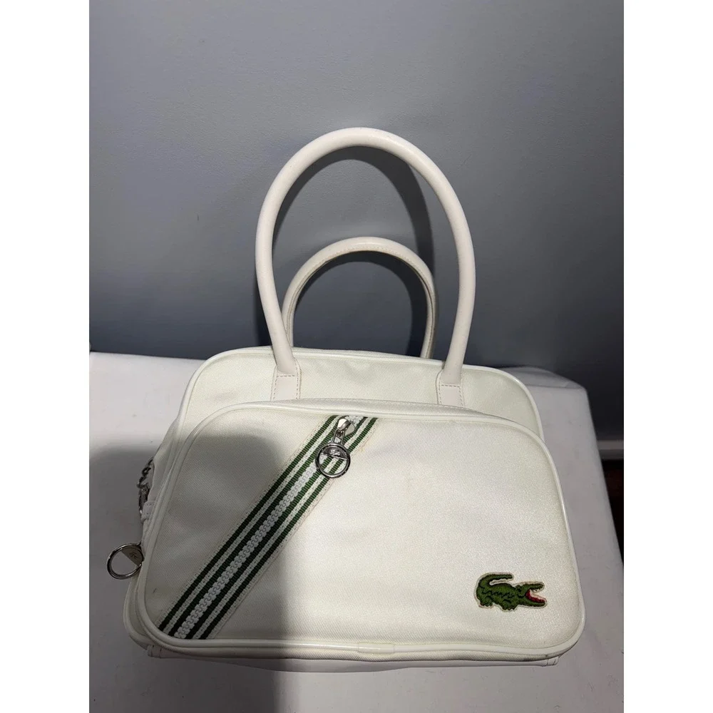 Lacoste White Canvas Vintage Bowling Bag Striped Sporty Satchel Top Handle Purse